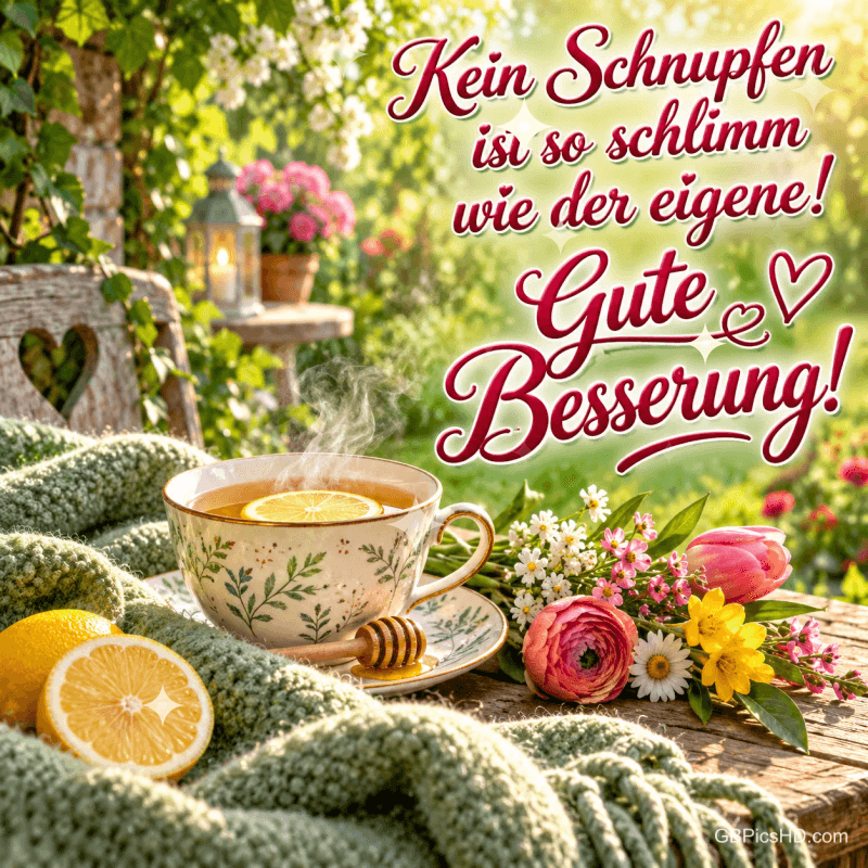 Tee mit Zitrone, Honig und Blumen steht neben einer grünen Decke; oben steht "Kein Schnupfen ist so schlimm wie der eigene! Gute Besserung!".