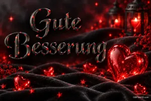 Ein großes rotes Herz liegt vor dem schwarzen Schriftzug "Gute Besserung", der mit roten Sternen verziert ist.