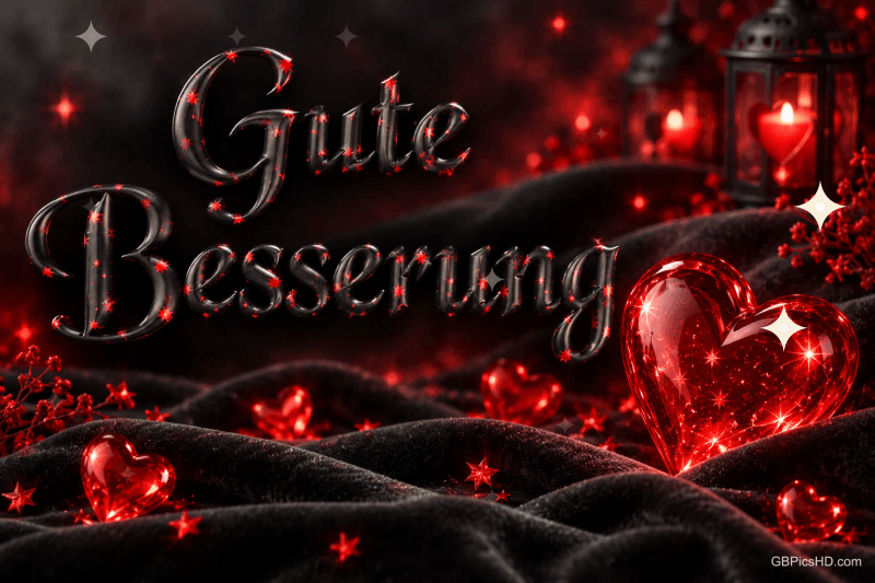 Ein großes rotes Herz liegt vor dem schwarzen Schriftzug "Gute Besserung", der mit roten Sternen verziert ist.