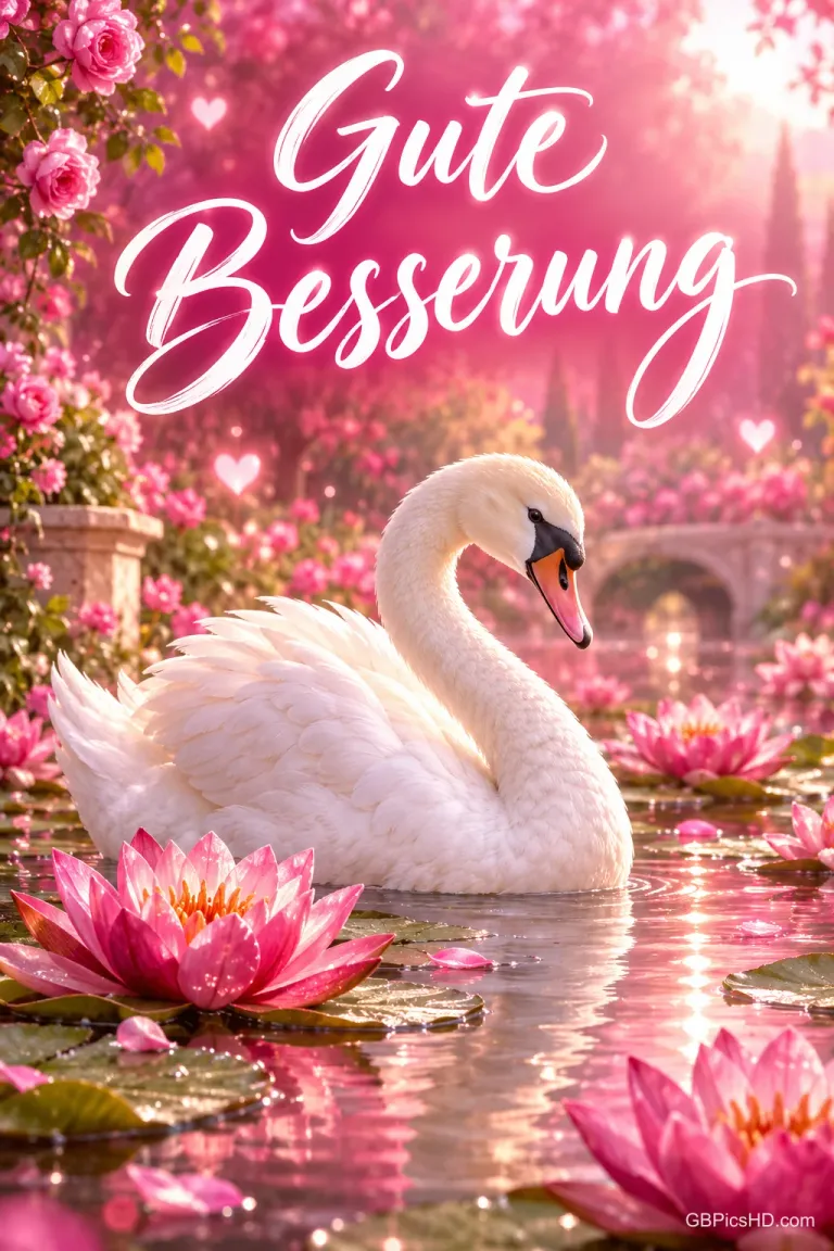 Ein weißer Schwan schwimmt zwischen rosa Seerosen in einem rosafarbenen Garten; darüber steht in Weiß "Gute Besserung".