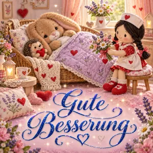 Kuscheltiere liegen in einem Bett mit rotem Herz, daneben steht eine Puppe; darunter "Gute Besserung".