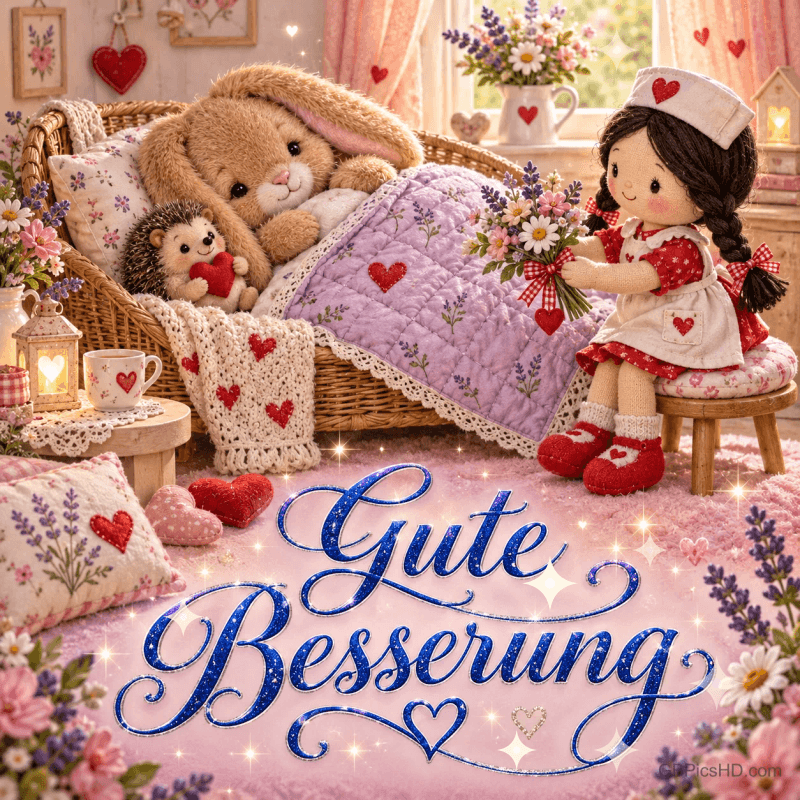 Kuscheltiere liegen in einem Bett mit rotem Herz, daneben steht eine Puppe; darunter "Gute Besserung".
