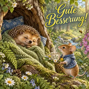 Ein Igel ruht unter einer grünen Decke im Baum, während eine Maus eine Tasse bringt; oben steht "Gute Besserung!".