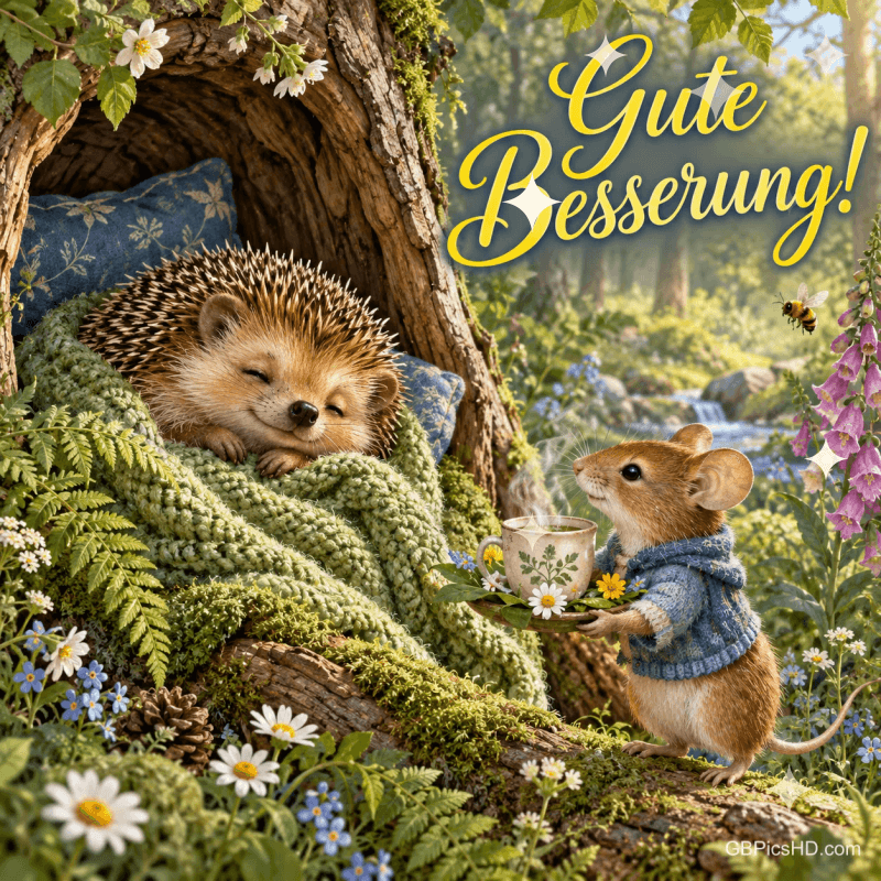 Ein Igel ruht unter einer grünen Decke im Baum, während eine Maus eine Tasse bringt; oben steht "Gute Besserung!".