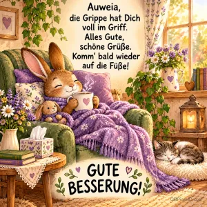 Ein Hase sitzt mit einer Tasse unter einer lila Decke im Sessel, daneben schläft eine Katze; unten steht "GUTE BESSERUNG!".