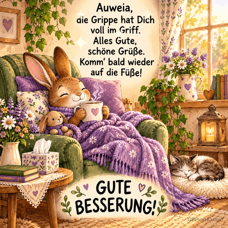 Ein Hase sitzt mit einer Tasse unter einer lila Decke im Sessel, daneben schläft eine Katze; unten steht "GUTE BESSERUNG!".