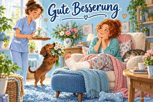 Eine Frau mit eingegipstem Bein bekommt Tee von einer Pflegerin und Blumen von einem Hund; oben steht "Gute Besserung".