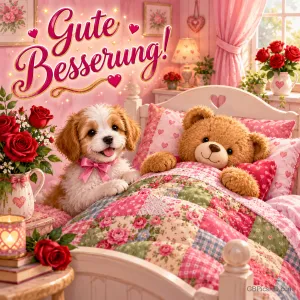 Ein Hund mit rosa Schleife liegt vor roten Rosen und einem runden Motiv mit einem Teddy im Bett; links steht "Gute".