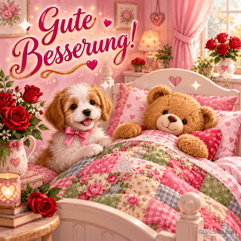 Ein Hund mit rosa Schleife liegt vor roten Rosen und einem runden Motiv mit einem Teddy im Bett; links steht "Gute".