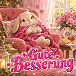Ein Hase hält eine Tasse und kuschelt sich im rosa Sessel in eine pinke Decke; davor steht "Gute Besserung".