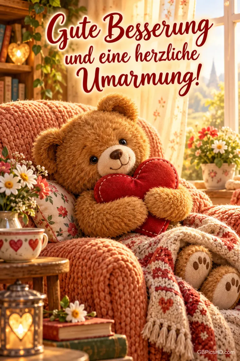 Ein brauner Teddybär umarmt ein großes rotes Herz – ein passender Gruß dazu: "Gute Besserung und eine herzliche Umarmung!".