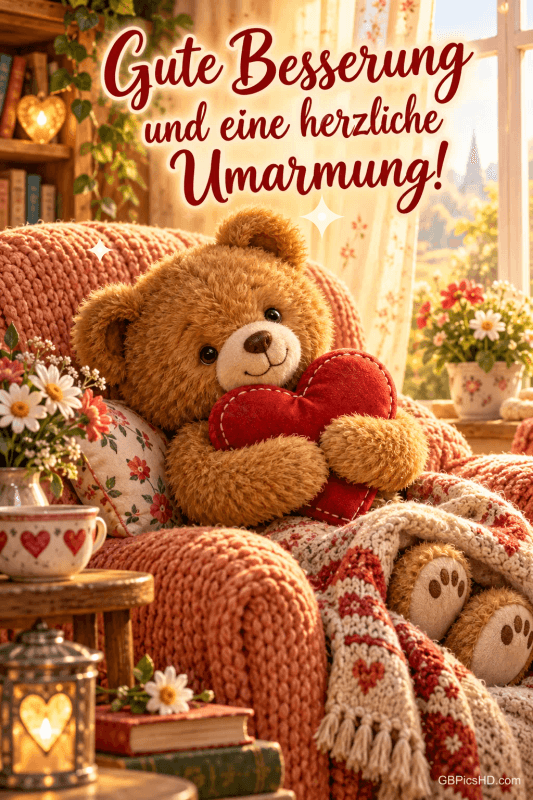 Ein brauner Teddybär umarmt ein großes rotes Herz – ein passender Gruß dazu: "Gute Besserung und eine herzliche Umarmung!".