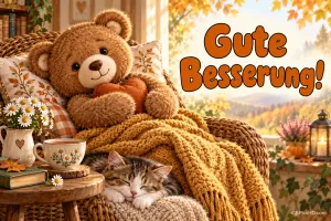 Ein brauner Teddy sitzt mit Herz und Decke im Korbsessel am Fenster, während eine Katze schläft; daneben steht "Gute Besserung!".