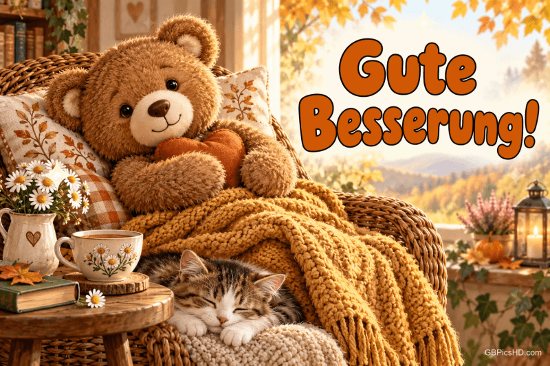 Ein brauner Teddy sitzt mit Herz und Decke im Korbsessel am Fenster, während eine Katze schläft; daneben steht "Gute Besserung!".