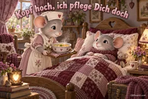 Eine Maus liegt im Bett, eine zweite steht als Krankenschwester daneben: "Kopf hoch, ich pflege Dich doch".