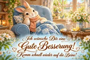 Ein Hase sitzt mit Decke im Sessel neben Tee und Blumen: "Ich wünsche Dir eine gute Besserung! Komm schnell wieder auf die Beine!".