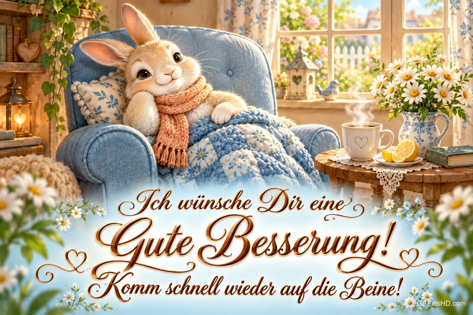 Ein Hase sitzt mit Decke im Sessel neben Tee und Blumen: "Ich wünsche Dir eine gute Besserung! Komm schnell wieder auf die Beine!".