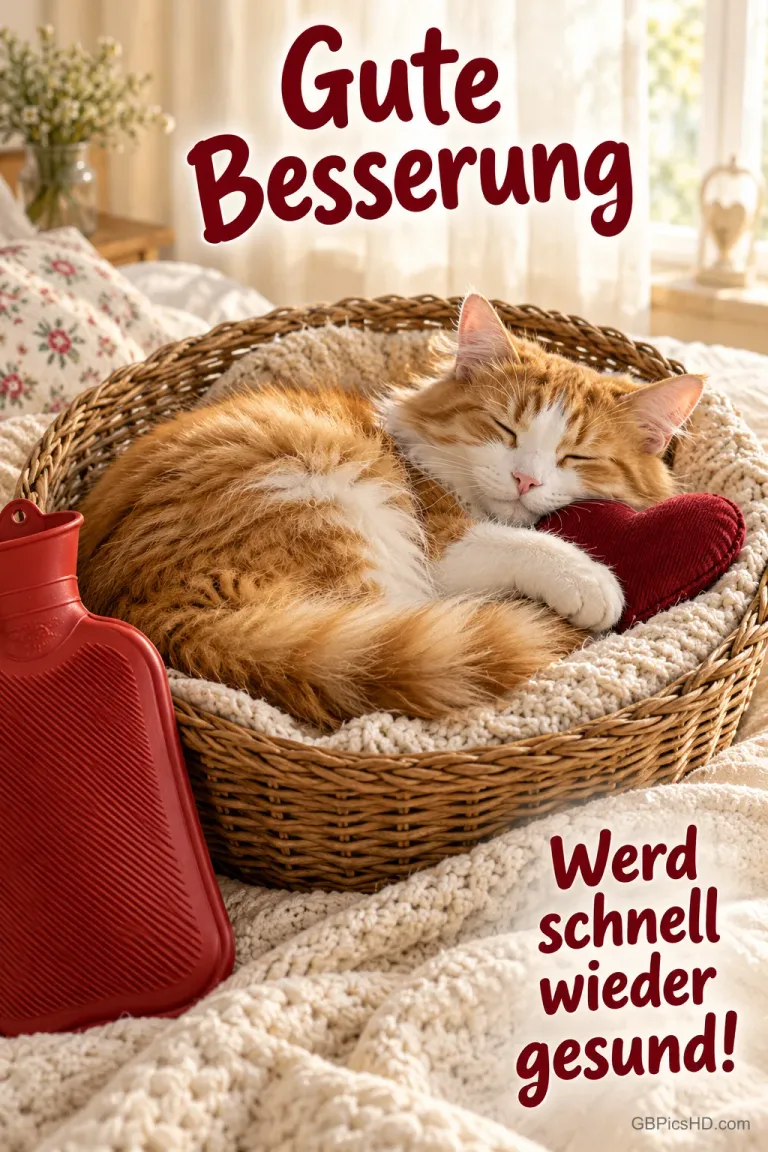 Eine Katze ruht mit Herzkissen neben einer roten Wärmflasche: "Gute Besserung Werd schnell wieder gesund!".
