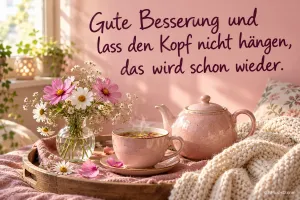 Tee, eine rosa Kanne und Blumen stehen auf einem Tablett: "Gute Besserung und lass den Kopf nicht hängen, das wird schon wieder.".