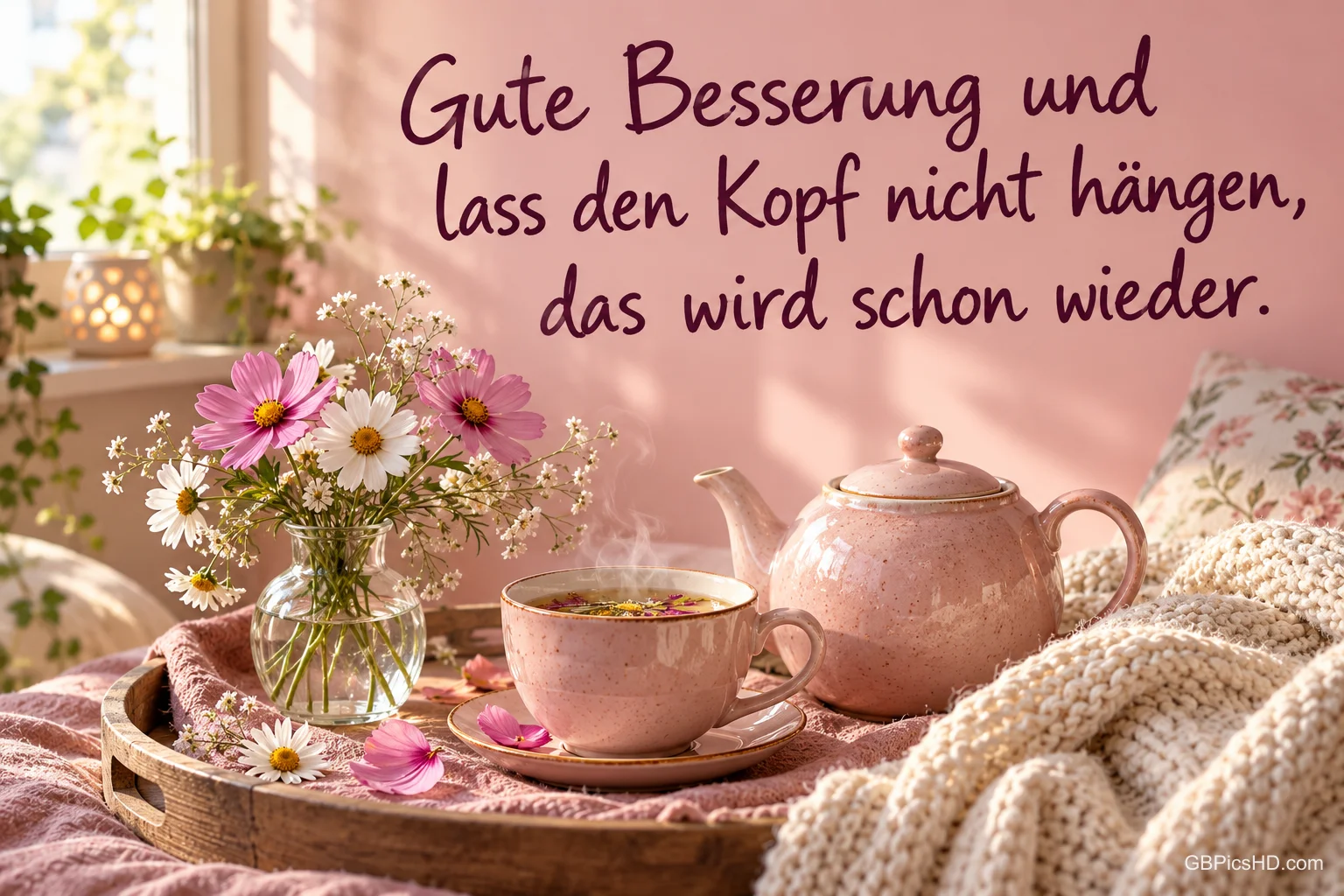 Tee, eine rosa Kanne und Blumen stehen auf einem Tablett: "Gute Besserung und lass den Kopf nicht hängen, das wird schon wieder.".