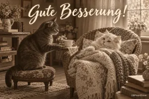 Auf einem Schwarzweißfoto liegt eine Katze mit Kopfverband im Bett, eine zweite kümmert sich um sie: "Gute Besserung!".
