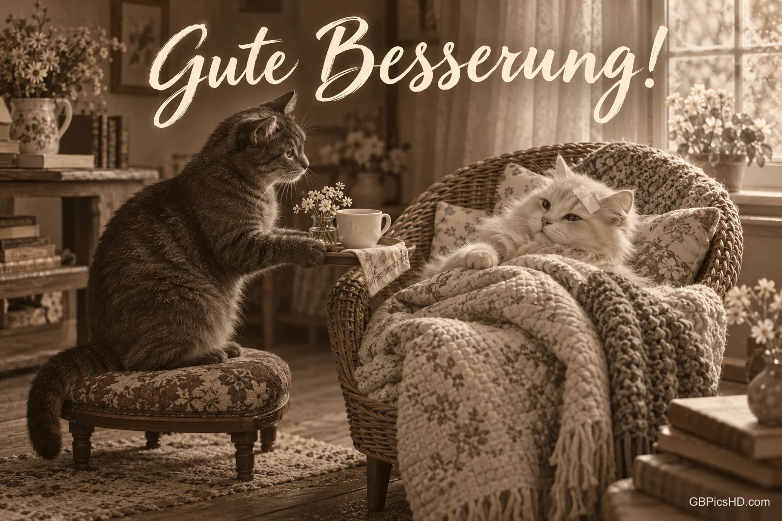 Auf einem Schwarzweißfoto liegt eine Katze mit Kopfverband im Bett, eine zweite kümmert sich um sie: "Gute Besserung!".