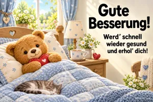 Ein Teddy mit rotem Herz und eine schlafende Katze liegen unter einer blauen Decke: "Gute Besserung! Werd' schnell wieder gesund und erhol' dich!".
