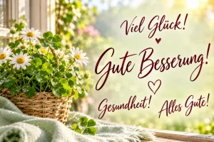 Ein Korb mit Margeriten und Kleeblättern steht am sonnigen Fenster neben "Viel Glück! Gute Besserung! Gesundheit! Alles Gute!".