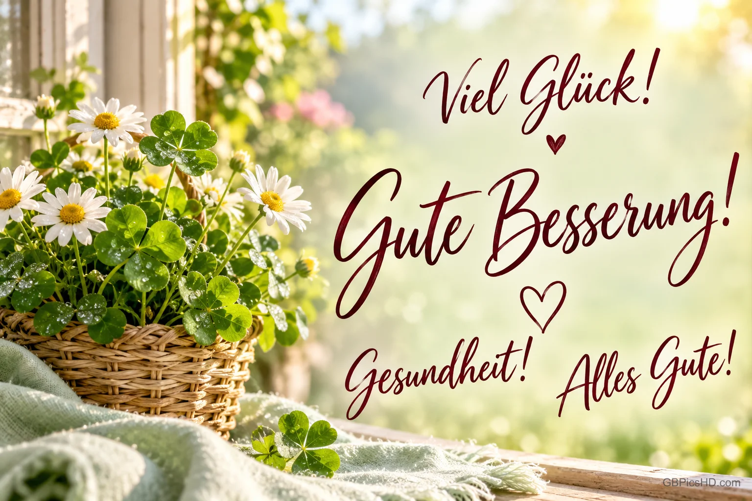 Ein Korb mit Margeriten und Kleeblättern steht am sonnigen Fenster neben "Viel Glück! Gute Besserung! Gesundheit! Alles Gute!".