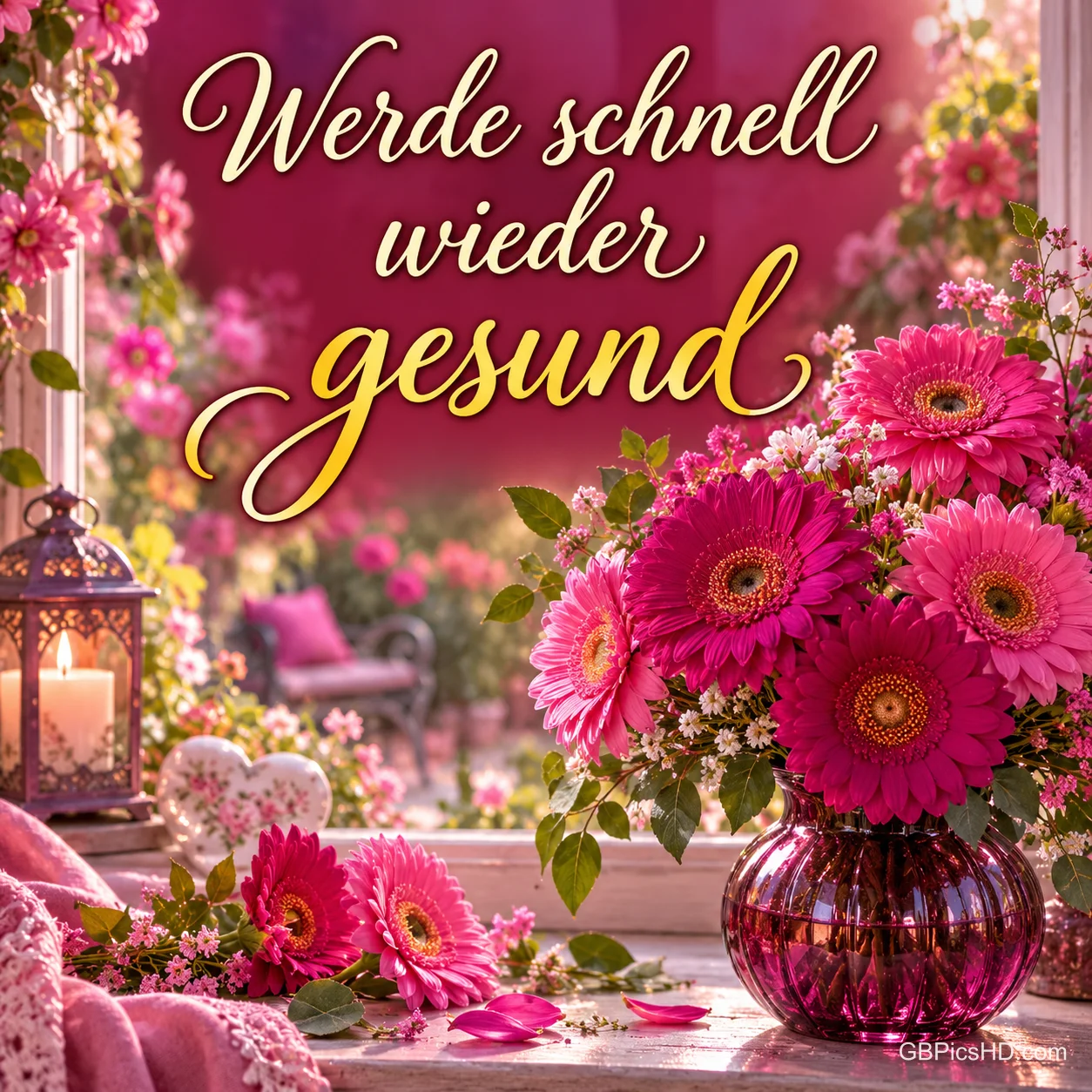 Pinke Gerbera stehen in einer Glasvase neben einer Kerzenlaterne: "Werde schnell wieder gesund".