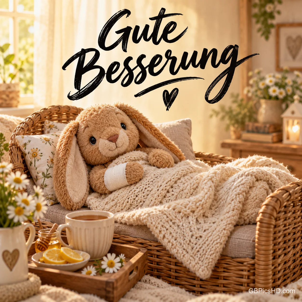 Ein Stoffhase mit verbundenem Arm liegt unter einer Strickdecke im Korbsessel; darüber steht "Gute Besserung".