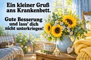 Sonnenblumen und Margeriten im blauen Krug stehen neben einer Teetasse, links steht "Gute Besserung".