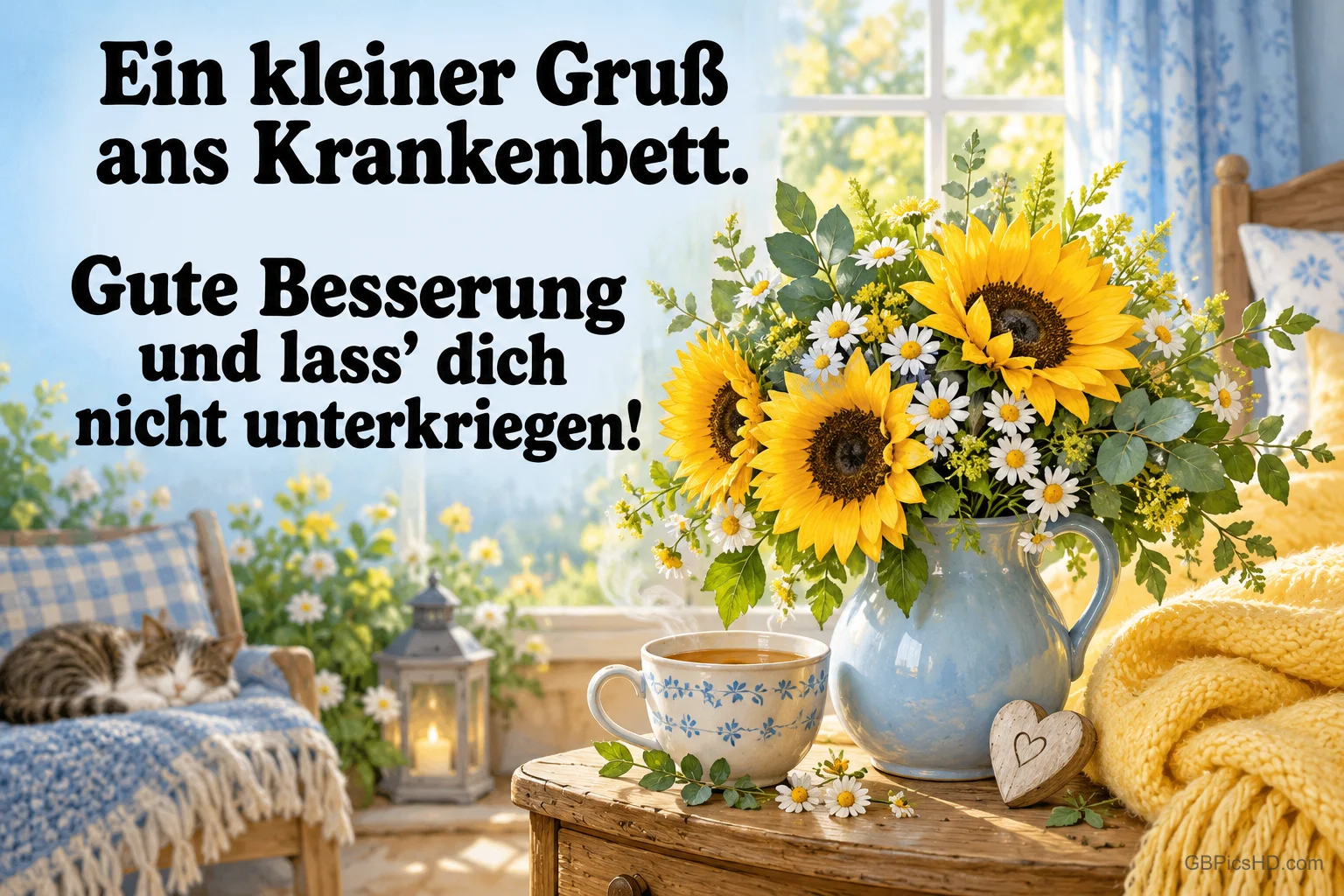 Sonnenblumen und Margeriten im blauen Krug stehen neben einer Teetasse, links steht "Gute Besserung".
