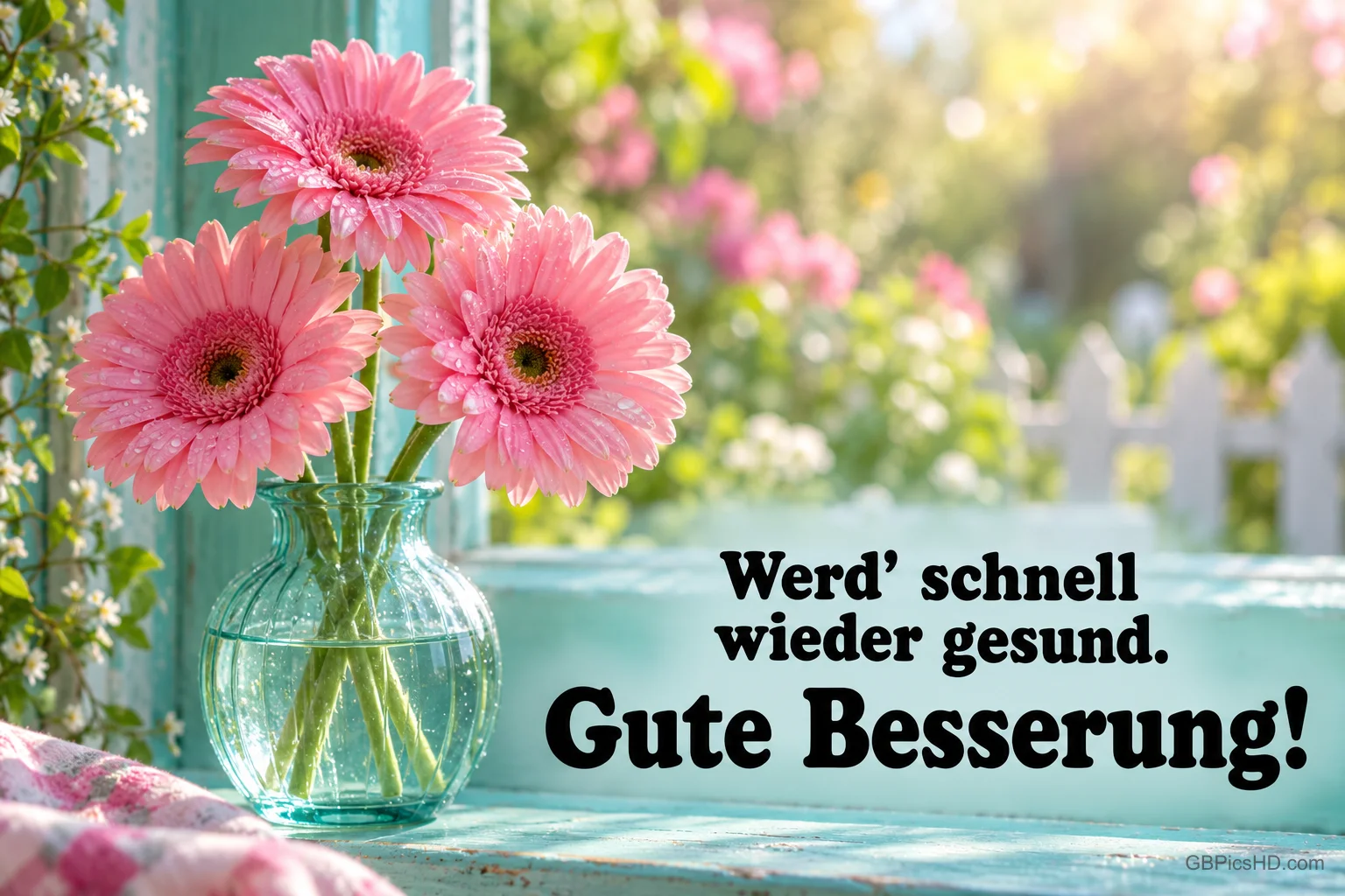 Eine pinke Gerbera mit Wassertropfen steht über dem Gruß "Werd’ schnell wieder gesund. Gute Besserung!".