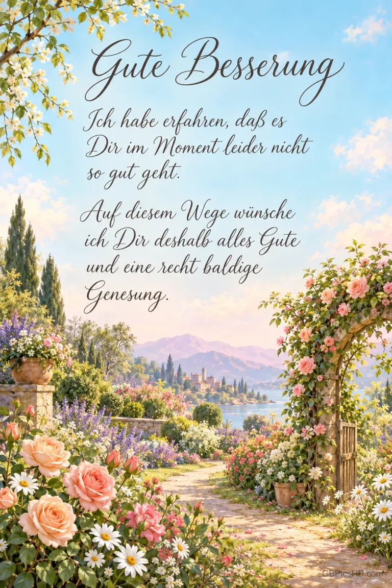 Über einer Blumenwiese mit zwei Rosenbäumchen steht der Wunsch "Gute Besserung".