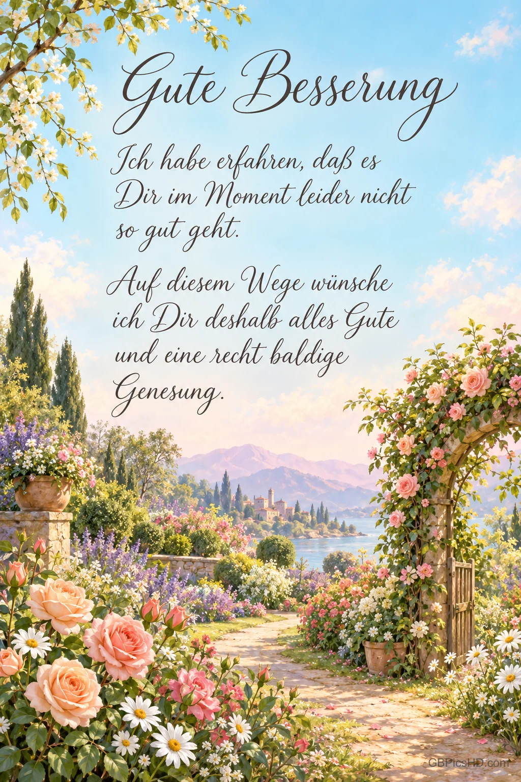 Über einer Blumenwiese mit zwei Rosenbäumchen steht der Wunsch "Gute Besserung".