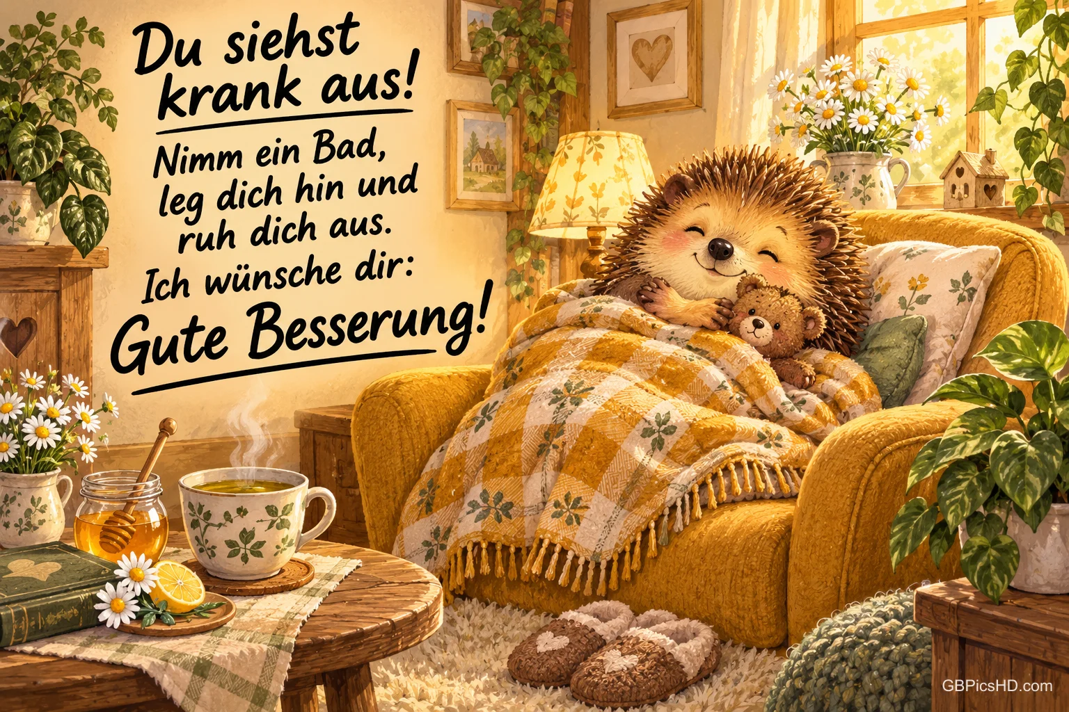 Ein Igel kuschelt mit einem Teddy unter einer karierten Decke im Sessel, daneben steht "Gute Besserung!".
