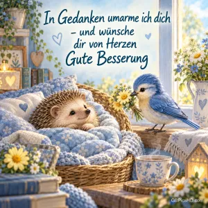 Ein blauer Vogel bringt einem Igel im gepolsterten Korb einen Blumenstrauß; darüber steht "Gute Besserung".