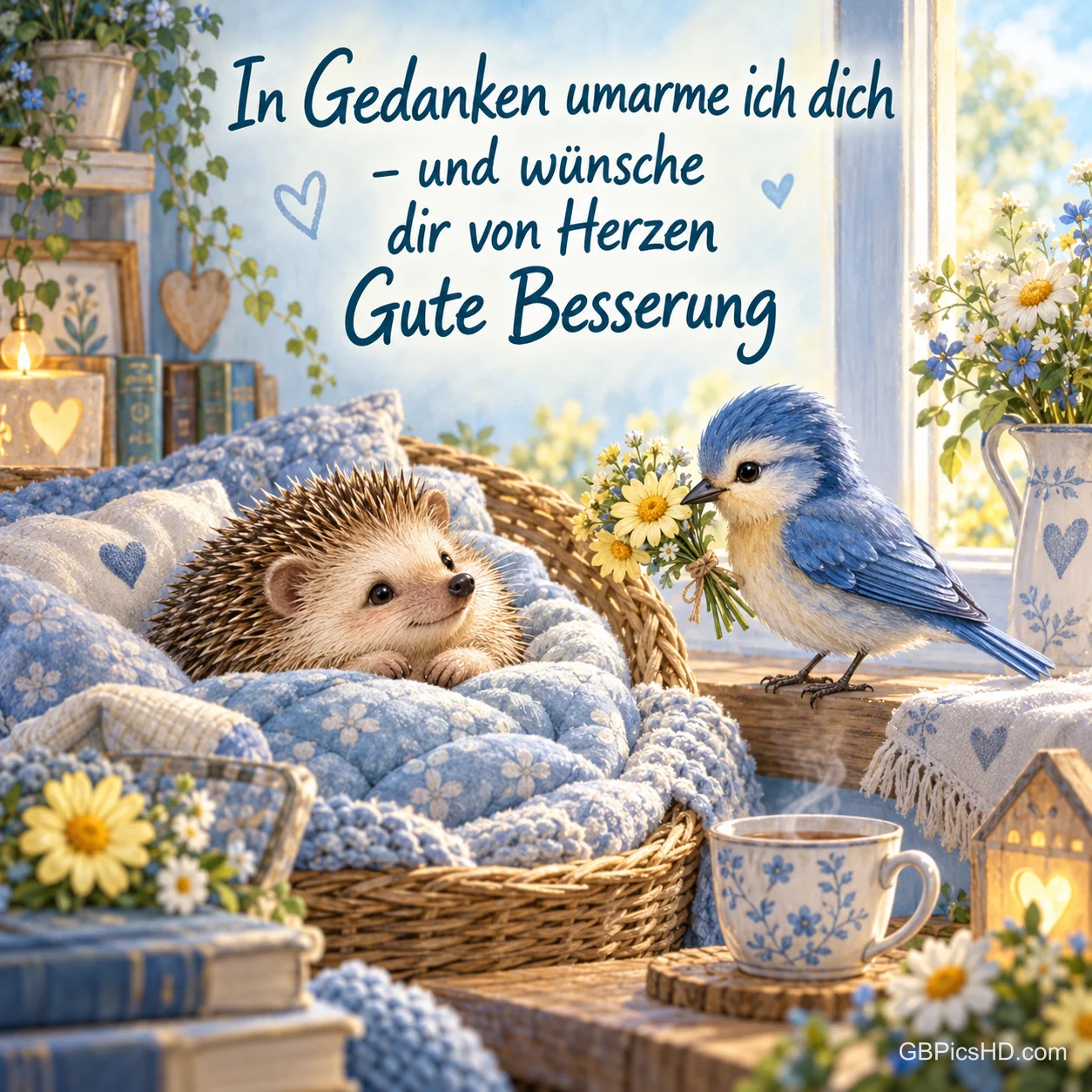 Ein blauer Vogel bringt einem Igel im gepolsterten Korb einen Blumenstrauß; darüber steht "Gute Besserung".