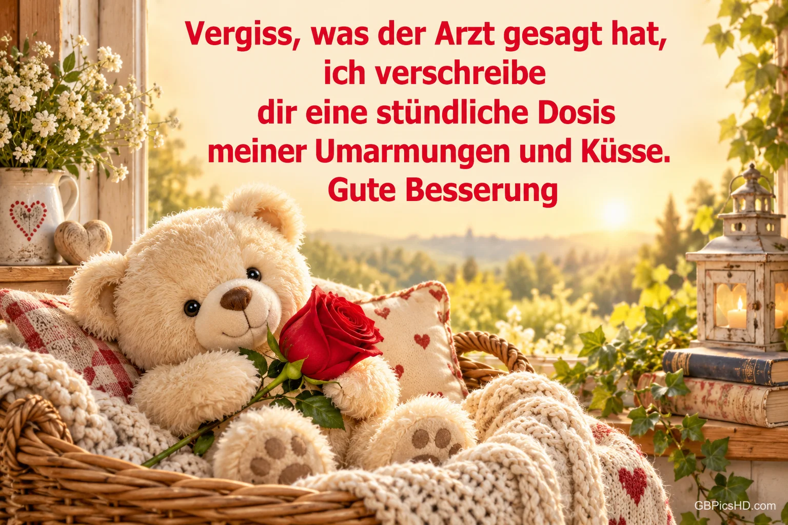Ein heller Teddybär hält eine rote Rose, links daneben steht ein roter Text mit dem Wunsch "Gute Besserung".