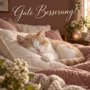 Eine Katze liegt zwischen weißen Kissen im Bett; darüber steht auf braunem Hintergrund "Gute Besserung!".