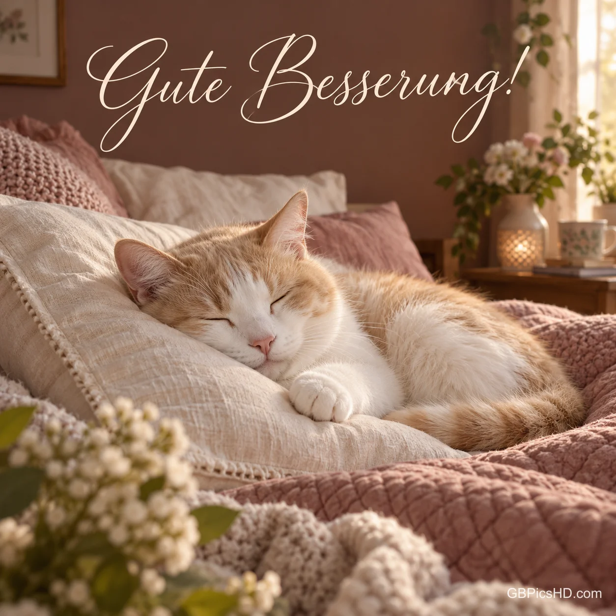 Eine Katze liegt zwischen weißen Kissen im Bett; darüber steht auf braunem Hintergrund "Gute Besserung!".