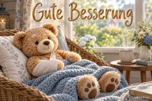 Ein Teddybär mit Stirnpflaster und Armschlinge sitzt im Bett unter dem Gruß "Gute Besserung".