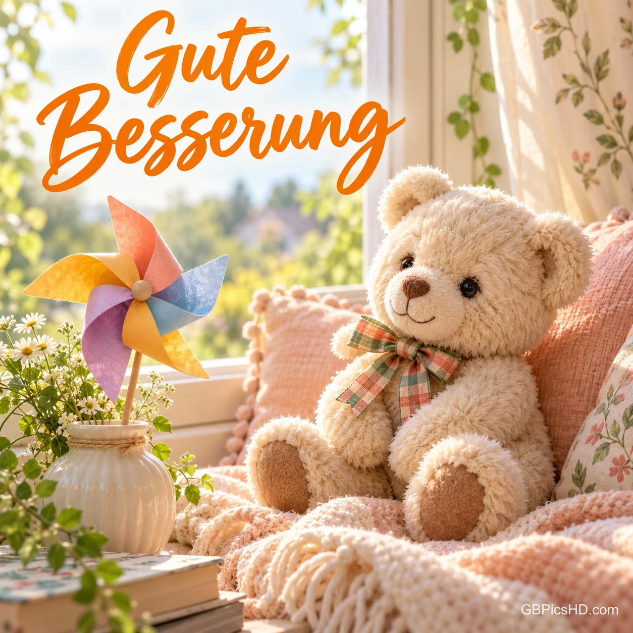 Ein heller Teddy sitzt auf einer rosa Decke am Fenster neben einem bunten Windrad; darüber steht "Gute Besserung".