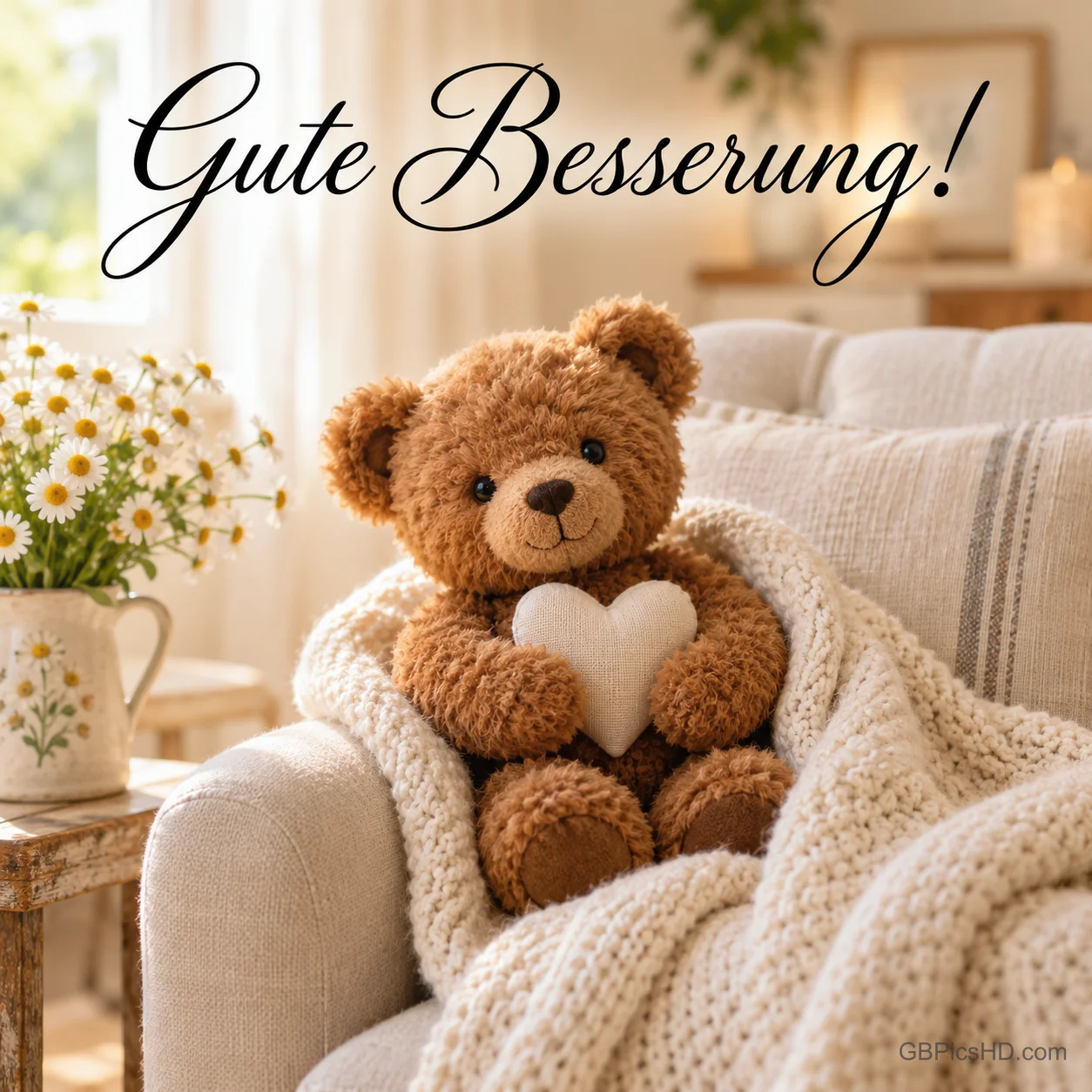 Ein brauner Teddy hält ein weißes Herz unter einer Strickdecke im Sessel; darüber steht "Gute Besserung!".