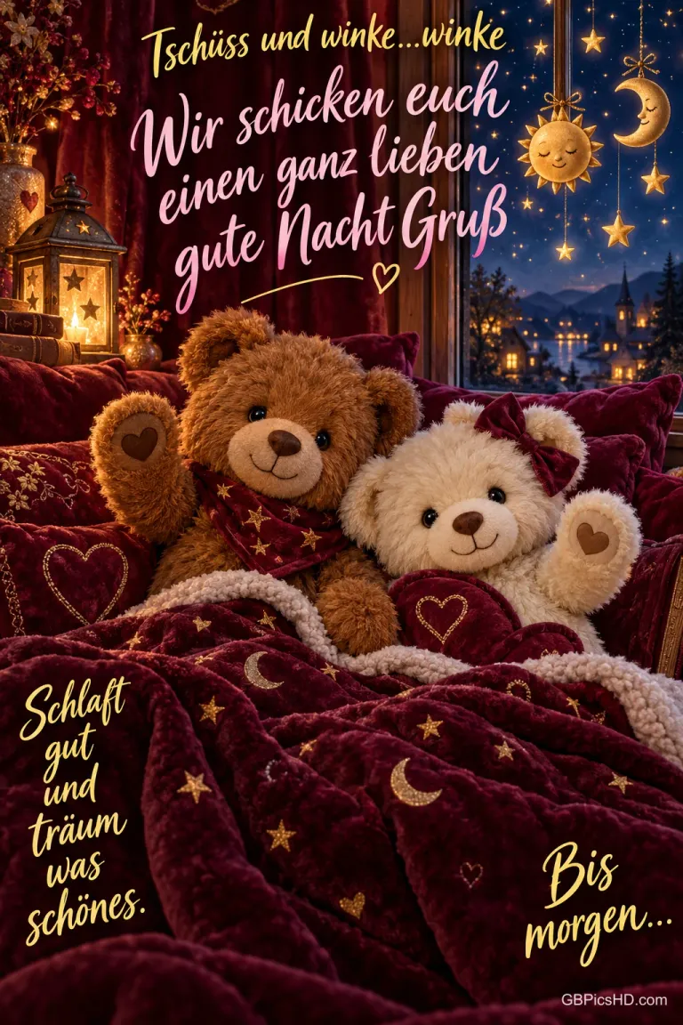 Zwei Teddybären winken unter einer weinroten Decke mit Sternen und Monden; daneben steht "Bis morgen...".