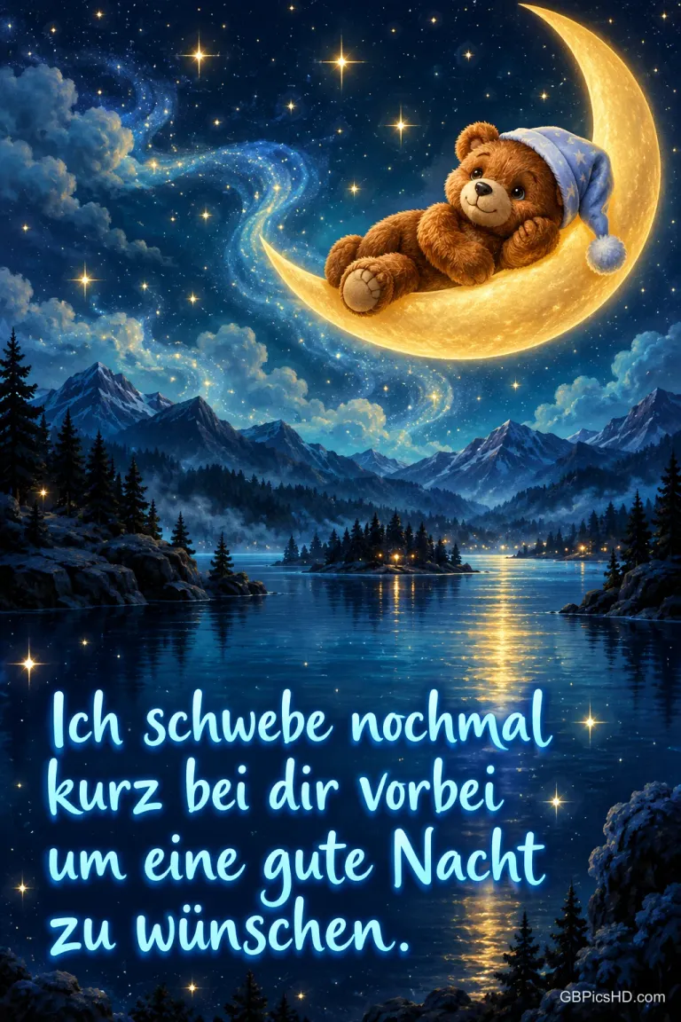 Ein Teddybär liegt auf einer Mondsichel über einem Bergsee mit dem Gruß "Ich schwebe nochmal kurz bei dir vorbei um eine gute Nacht zu wünschen.".