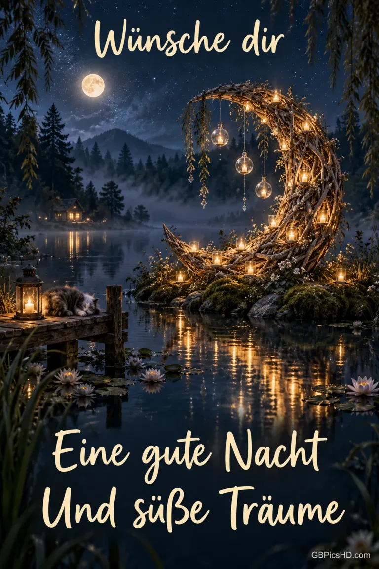 Eine beleuchtete Mondsichel aus Zweigen steht am See neben einer schlafenden Katze und dem Gruß "Wünsche dir Eine gute Nacht Und süße Träume".