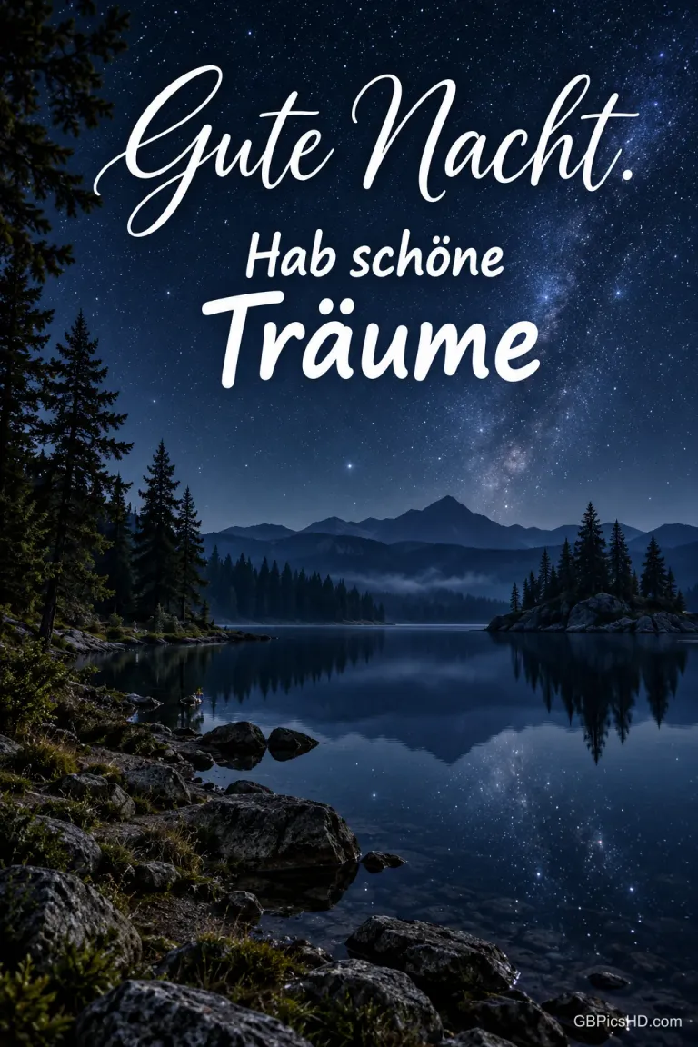 Ein stiller Bergsee spiegelt den Sternenhimmel, darüber steht "Gute Nacht. Hab schöne Träume".