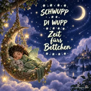 Ein Feenkind schläft mit einem Stoffhasen in einer Korbschaukel über Wolken neben "SCHWUPP DI WUPP Zeit fürs Bettchen".